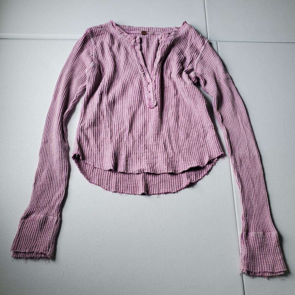Women's Washed Waffle Long-Sleeve Henley Top - Pink